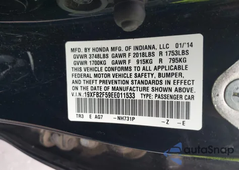 2014 Honda Civic Lx z USA, uszkodzony, nr VIN 19XFB2F59EE011533